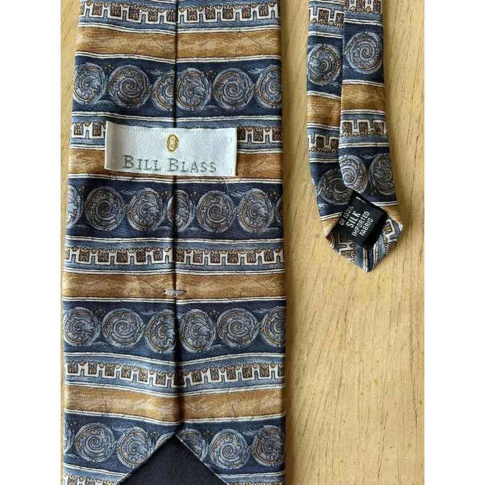VTG 80s 90s Bill Blass Silk Tie Ivy League Blue Tan Classic Geometric Pattern